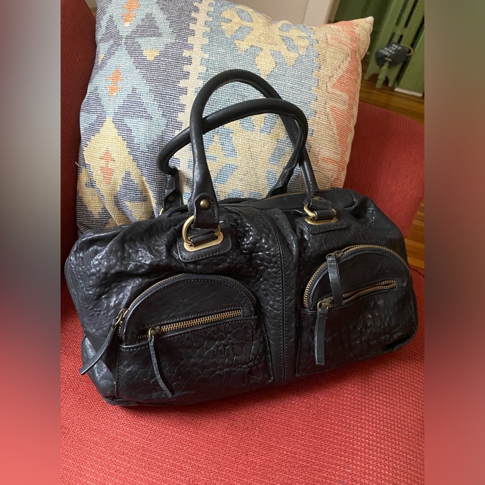 Sundance Black pebbled Leather Shoulder Bag with Gold Hardware